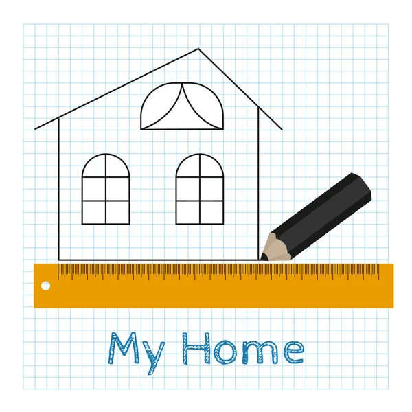 Технічний малюнок будинку з олівцем і лінійкою — стоковий вектор