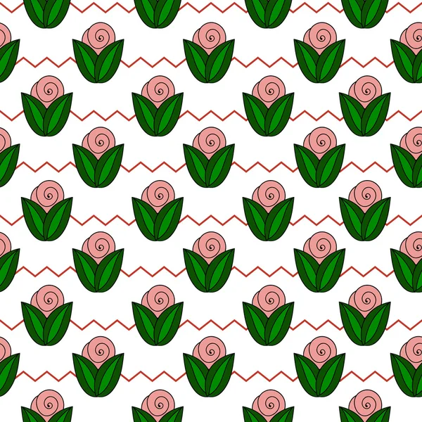 Motif simple sans couture avec fleur, rose, tiges, zig zag — Image vectorielle