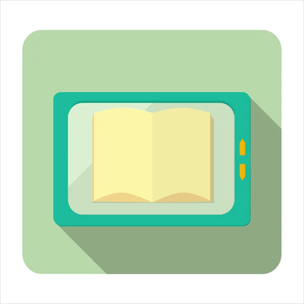 Ikonen e-bok, en tablett, en öppen bok i flat design med långa skugga — Stock vektor