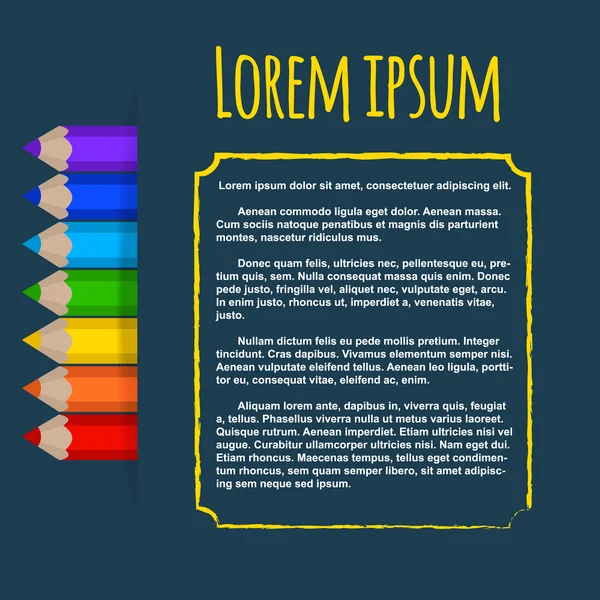 Volantino, posto per il testo, matite colorate sullo sfondo — Vettoriale Stock