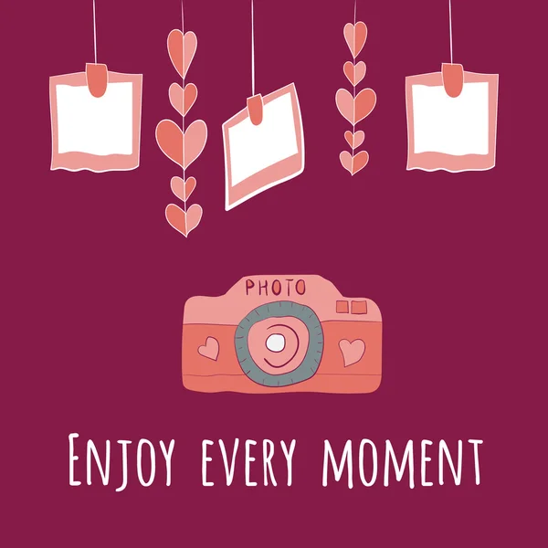 Camera girlnda of hearts and photos.enjoy every moment lettering. — Stock Vector