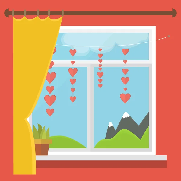 Ilustración de una ventana con una vista de las montañas, ciegos, corazones en una cuerda — Vector de stock