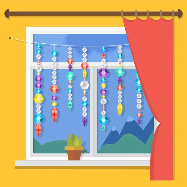Ilustración de una ventana gemas, cristales y desamondos en una cadena — Vector de stock