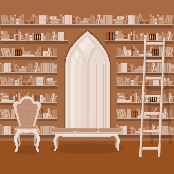 Ilustración. Interior de la biblioteca casera grande vieja — Archivo Imágenes Vectoriales