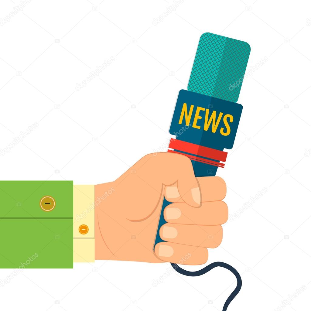 illustration of a flat icon hand holding a microphone, reporter of news interviews, press conference
