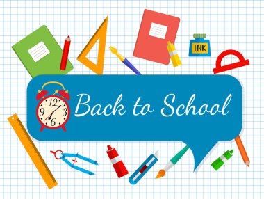 okula geri ana başlık. Okul çantası ve Kırtasiye.