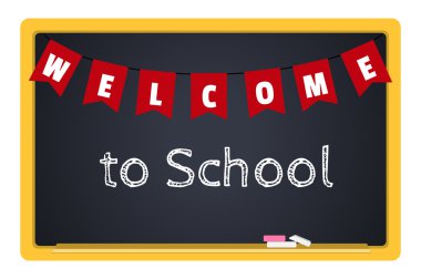 Blackboard tebeşir ile ve bir yazıt okula hoş geldiniz