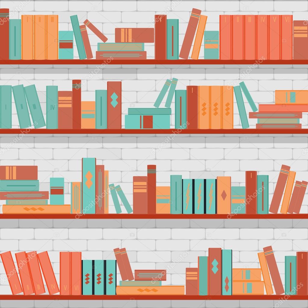 seamless pattern bookshelves, books on the brick wall background 