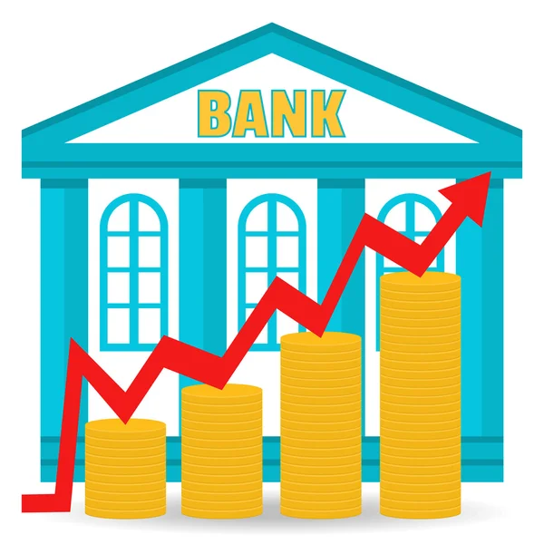 Podnikatelský koncept. Bankovních vkladů růstu graf. Příjem. Budova banky a mincí v balíčcích. Plochý design. — Stockový vektor