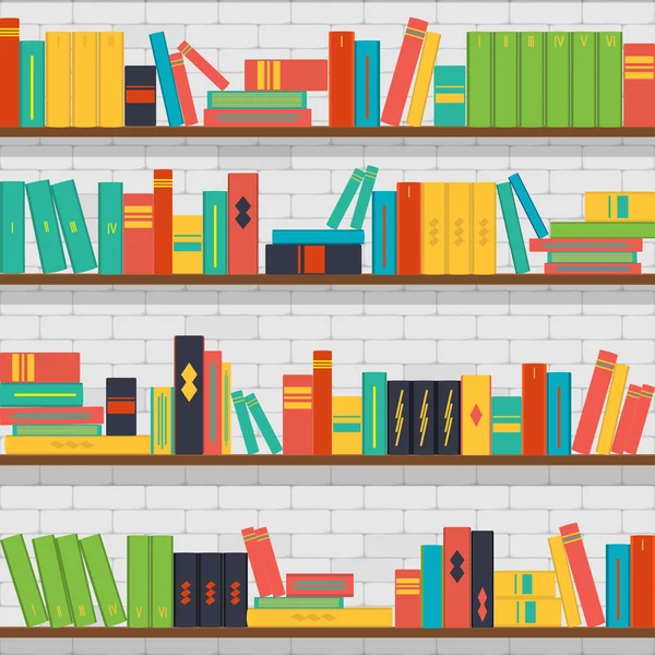 Seamless pattern bookshelves, books on the brick wall background — Stock Vector