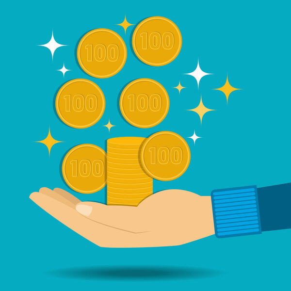 Vector illustration. Gold coins fall into the hand. Passive income. 