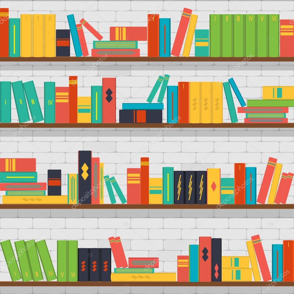 seamless pattern bookshelves, books on the brick wall background 