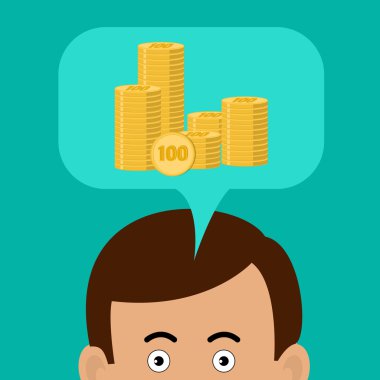 Business concept. Man thinks about money. Golden momnet in a speech cloud. Flat design