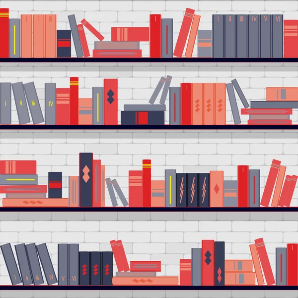 Estantes de patrones sin costura, libros sobre el fondo de la pared de ladrillo — Vector de stock