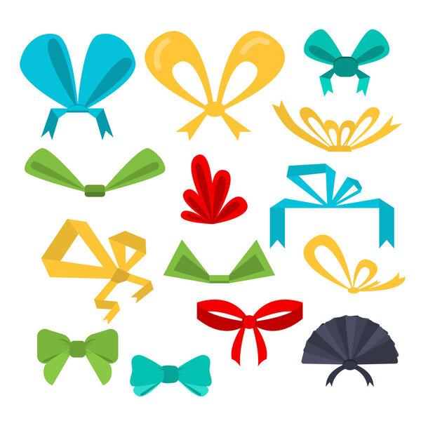 set festive bows in different shapes and colors. Flat design.