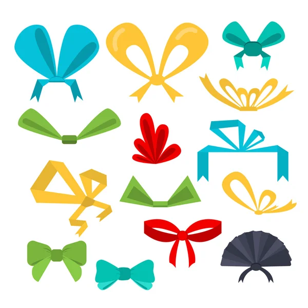 Set festive bows in different shapes and colors. Flat design. — ストックベクタ