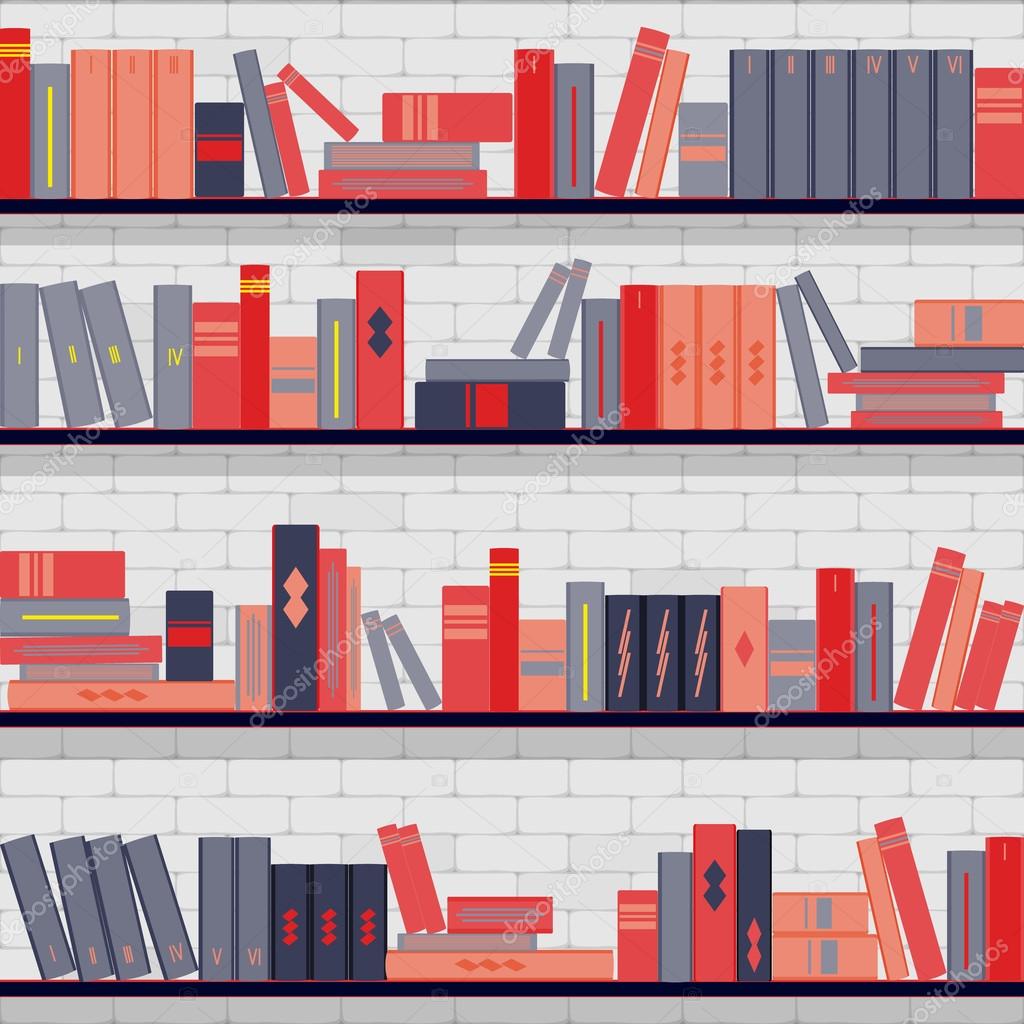 seamless pattern bookshelves, books on the brick wall background 