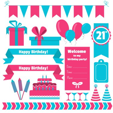 Festival doğum günü partisi öğeleri kümesi. Düz tasarım.