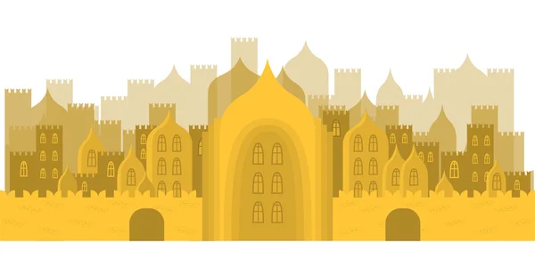 Vector illustration of golden fabulous city. Buildings, towers, castles — Stok Vektör