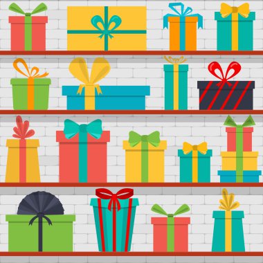 seamless pattern of gift boxes on the shelves. Gift shop. clipart