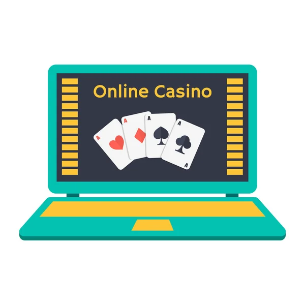 Online casino. spela kort på en laptop skärm. Platt design. — Stock vektor