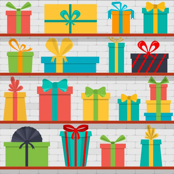 Seamless pattern of gift boxes on the shelves. Gift shop. — Stock Vector