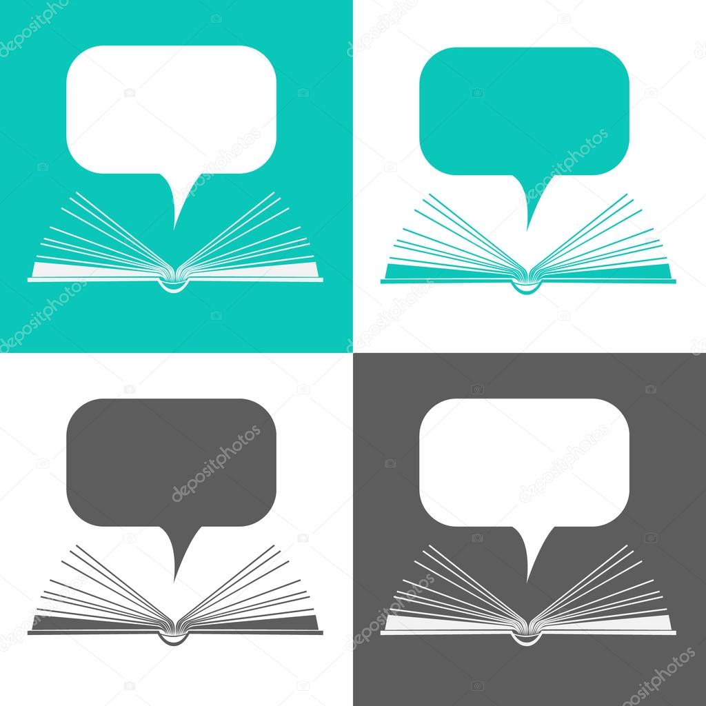 set of icons. Open paper book with speech clouds in flat design style