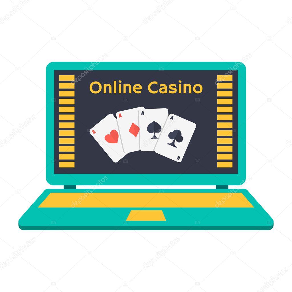 Online casino. playing cards on a laptop monitor. Flat design.