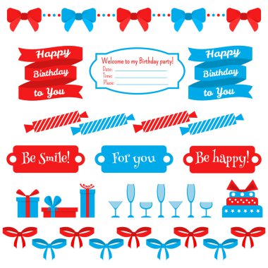 Festival doğum günü partisi öğeleri kümesi. Düz tasarım.