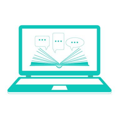 resimde. E-kitap okumak. Çevrimiçi öğrenme. Konuşma bulutlar laptop açık kitap kağıt. Düz tasarım.