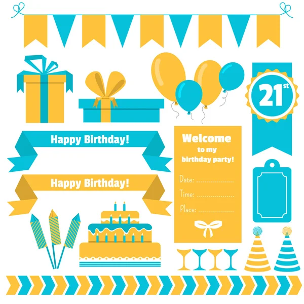 Set of festive birthday party elements. Flat design. — Stock Vector