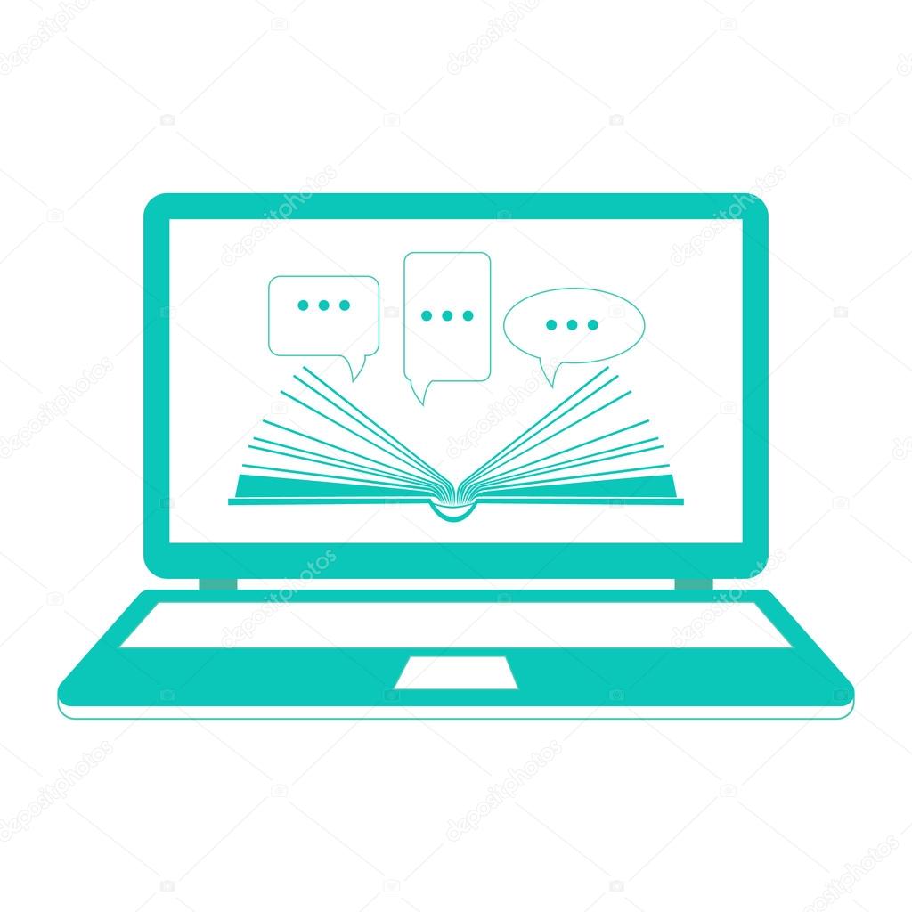 illustration. Reading e-books. Online learning. Open book paper with speech clouds on the laptop. Flat design.