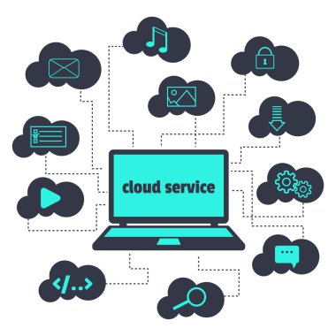 kavram. Cloud Servisi. Belgili tanımlık laptop ve çeşitli simgeleri bulutlar açın.