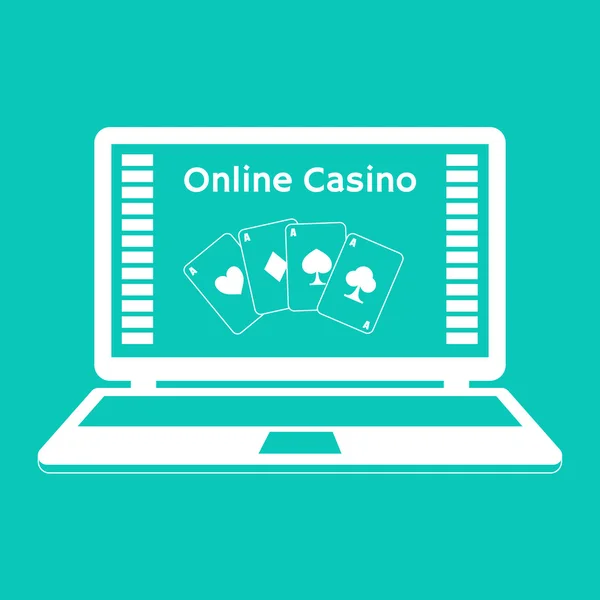 Iconos. Casino en línea. jugar a las cartas en un monitor portátil. Diseño plano . — Vector de stock