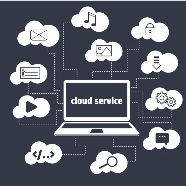 Concept. Cloud service. Open the laptop and various icons in the clouds around. — Stock Vector