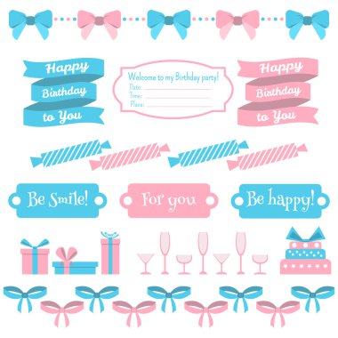 Festival doğum günü partisi öğeleri kümesi. Düz tasarım.