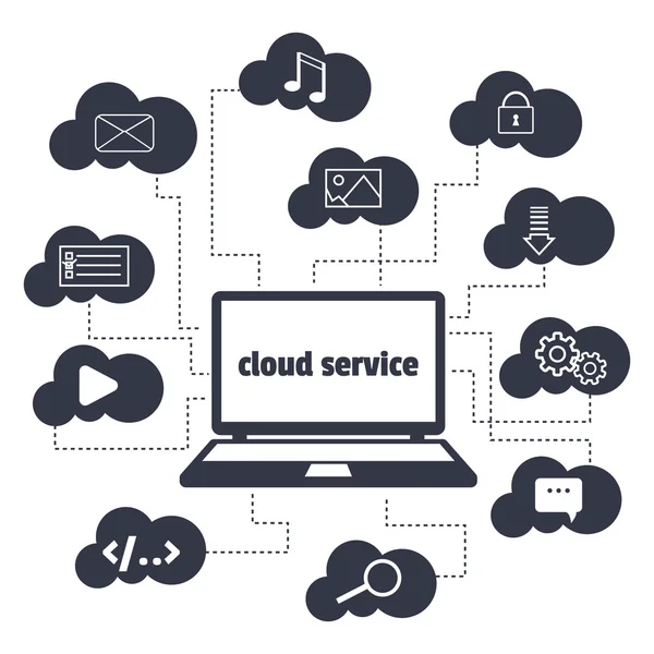 Concept. Cloud service. Open the laptop and various icons in the clouds around. — Stock Vector