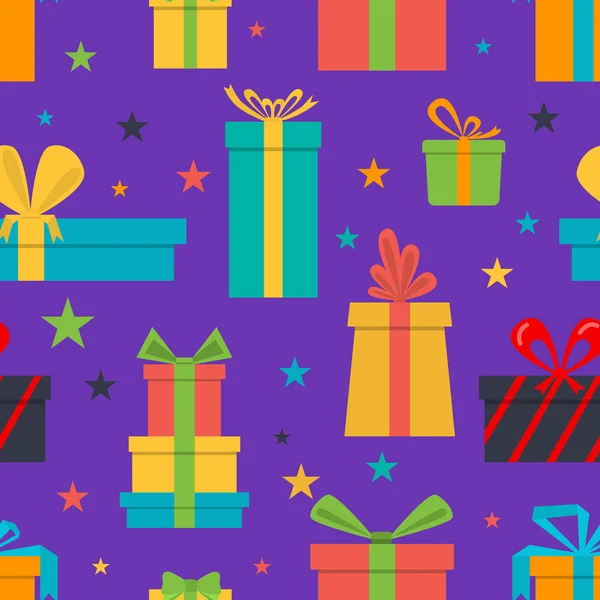 Patrón sin costuras de cajas de regalo y estrellas — Vector de stock