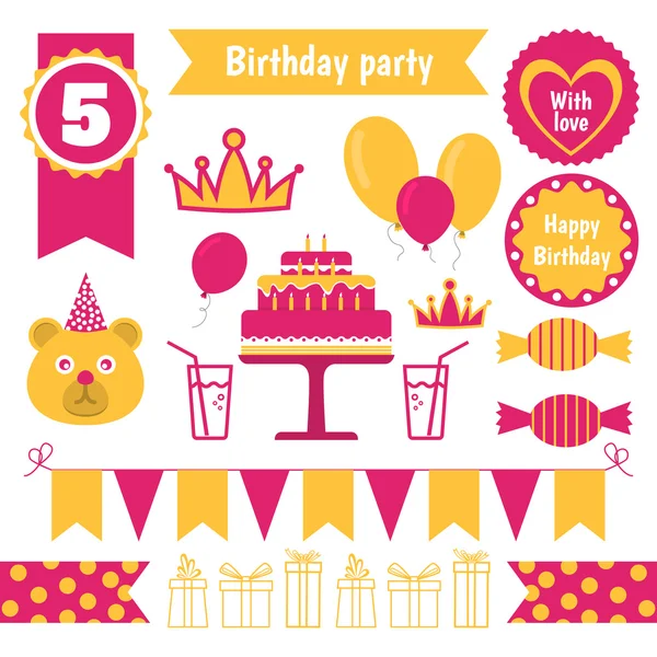 Set of festive birthday party elements. Flat design. — Stock Vector