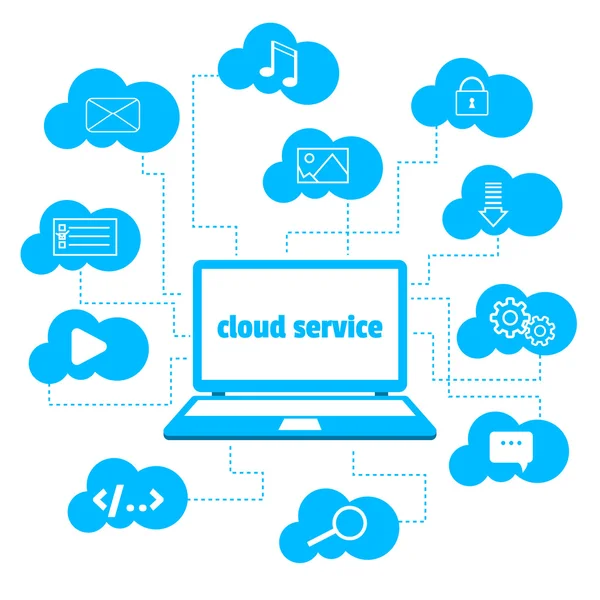 Concept. Cloud service. Open the laptop and various icons in the clouds around. — Stock Vector