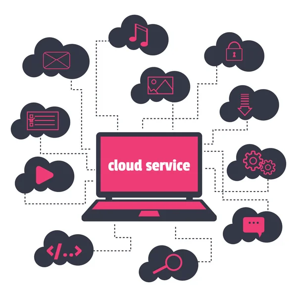 Concept. Cloud service. Open the laptop and various icons in the clouds around. — Stock Vector