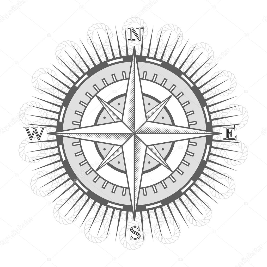 Nautical label. vintage compass, icon and design element.