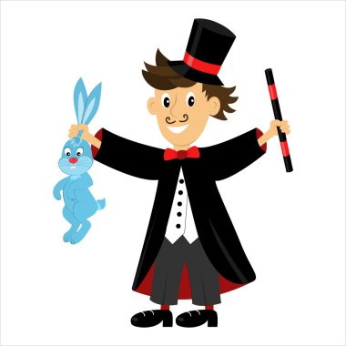Vector cartoon character magician holding a magic wand and a rabbit clipart