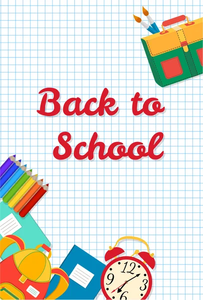 Back to School postcard. Frame from school objects. Office supplies on the background of a sheet of notebook. — Stock Vector