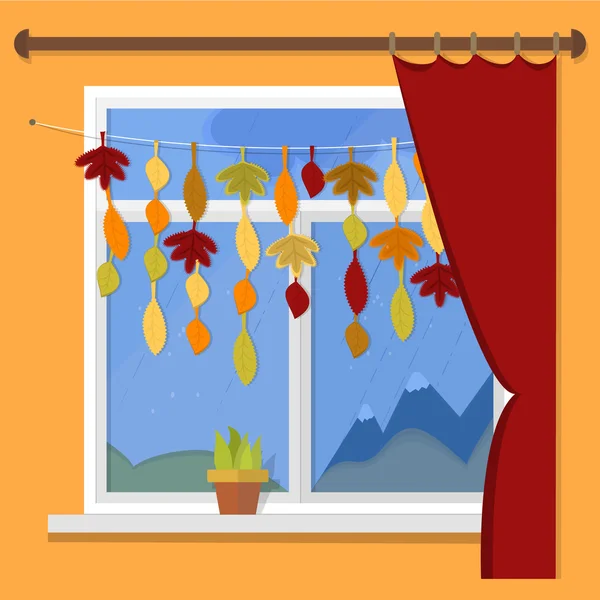 Otoño. Ilustración vectorial - vistas de lluvia de ventana de otoño. Guirnalda de hojas de otoño en la ventana . — Archivo Imágenes Vectoriales