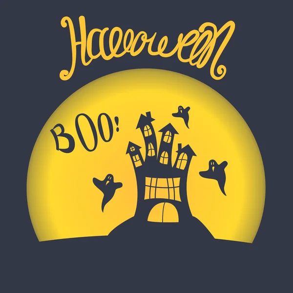 Bannière vectorielle Halloween. Ancien château effrayant sur fond de pleine lune et de fantômes volants. Lettrage à la main . — Image vectorielle