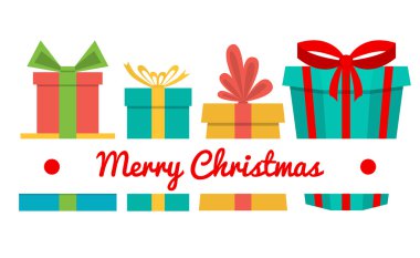 Vektör neşeli Noel tebrik kartı. Hediye kutuları ve tebrik metin mutlu Noeller.