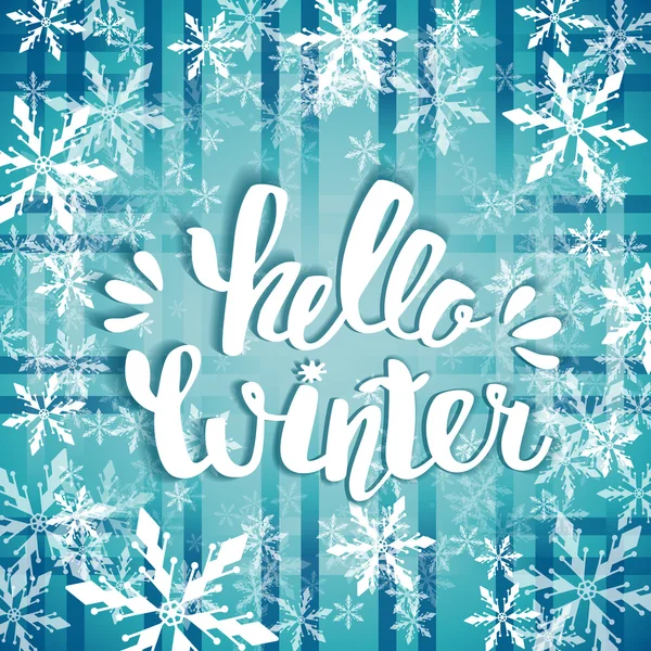 Hello winter text. Brush lettering Hello Winter. card design with custom calligraphy. Winter season cards, greetings for social media.