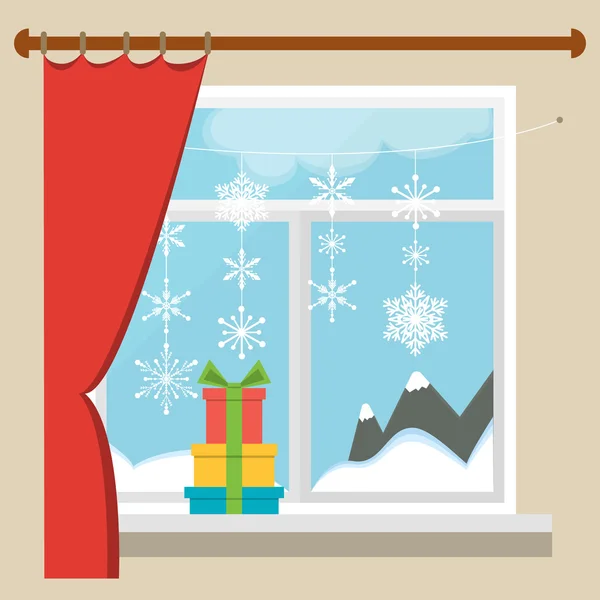 Finestra di Natale con vista sul paesaggio invernale decorato con ghirlande di fiocchi di neve. Una pila di regali sulla finestra . — Vettoriale Stock