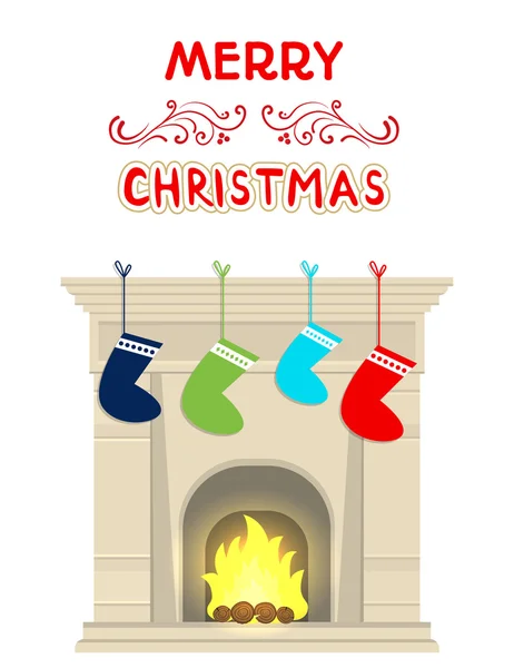 Tarjeta Vector Merry Christmas con letras navideñas, caligrafía artesanal. Calcetines de Navidad chimenea para regalos . — Vector de stock